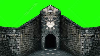 Historic Stone Tunnel Entrance with Engraved \'1811\' Plaque and Chroma Key Green Background for Architectural