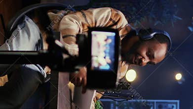 Vertical video Content creators doing podcasting session with filming gear