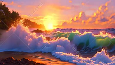 Beautiful seascape with palm trees and sunset. 3d render, AI Generated