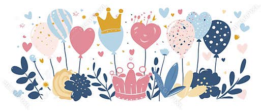 A multicolor bouquet of balloons with a crown and flowers.Decoration for birthdays and anniversaries. Modern
