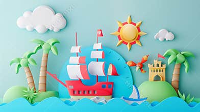 Modern Illustration of Birds, Ships, Palm Tree, Clouds, and Sun. Cutout Template with Elements and Symbols, Landscape