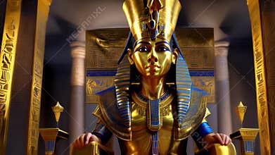 The beautiful Egyptian goddess-pharaoh Tutankhamun sits on a golden throne in the temple of Thebes