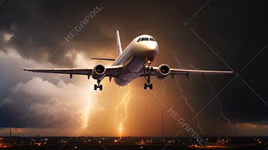 A courageous airplane conquers a menacing thunderstorm, symbolizing the indomitable spirit of human progress and