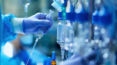 The anesthesiologist is mixing various medications in precise measurements ensuring that the anesthesia will be properly