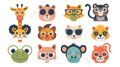 Funny head portraits of cute animal characters. Cool and sassy avatars of giraffe, frog, cat, dog, monkey. Flat modern