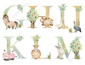 Watercolor farm animals letters.