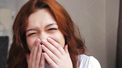 Close up of Womans Face with Great Positive Emotions, Laughing, Smiling Charmingly. Cute Student Female is having