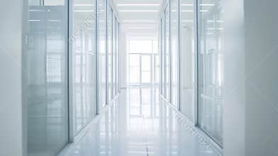 Generative AI Empty corridor hallway of modern white office building room with glass entrance door business blur b