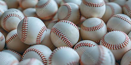 Bunch of baseballs in pile. Close-up. Background, wallpaper. Top view. Baseball balls
