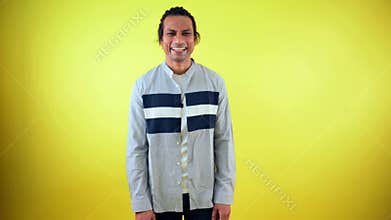 Laughing man standing giggle expression