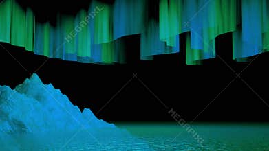 Northern Lights Among the Iceberg and water surface. Beautiful Night Scene of Aurora Borealis. Night landscape with