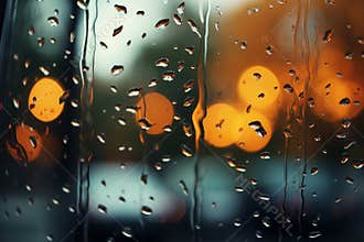 Raindrops on a glass surface creating a wet and reflective view after the rainstorm