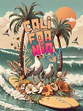 California Surf Fun Travel Poster Postcard Art