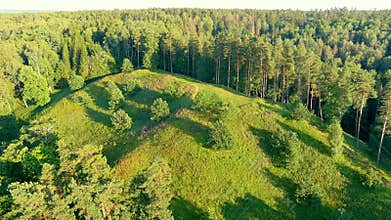 Scenic aerial view of Stirniai mound. Neris Regional Park, Vilnius, Lithuania.