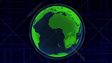 Bright blue green Earth hologram spinning on a digital background with glowing cyber space elements