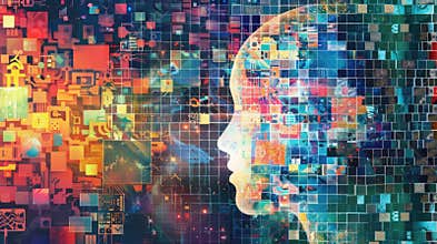 Mosaic visualization of AI insights with sectors like healthcare, finance, education. AI insights