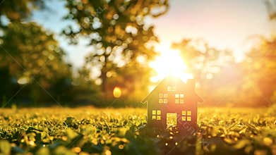 small house on green lawn. eco friendly energy efficient family home concept