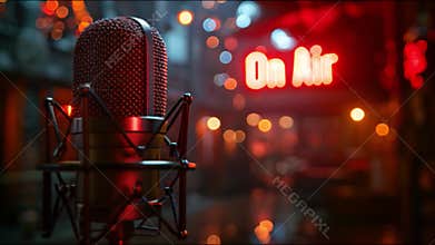 A microphone sits in front of a red On Air sign. Podcast and streaming concept
