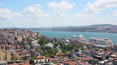 Cityscape with Bosphorus Strait with many bid and