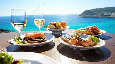 Fine dining with a stunning ocean view at a seaside restaurant in summer