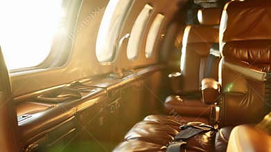 Empty leather seats bathed in golden light inside private jet
