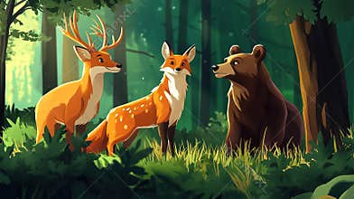 Three forest animals gather in a sunlit glade during a serene afternoon