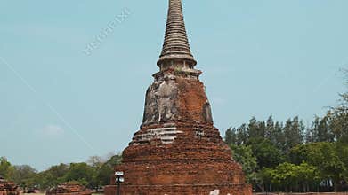 Ancient pagoda in Ayutthaya historical park Wat Mahathat temple, Thailand. Historical Buddhist stupa on archaelogical