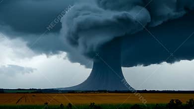 Huge tornado over an agricultural field. A scene of devastation as a tornado engulfs the fields.