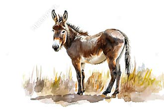Watercolor painting of a gray donkey standing in a field. Farm animals