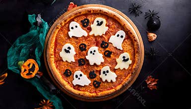 Ghostly Halloween pizza with ghosts, persimmon, pumpkin, cream and spices fun food idea for kids