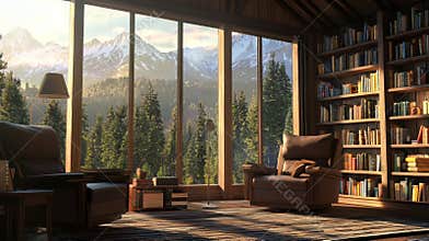 Background image of virtual study room with windows for webinar online presentation teams meeting. Snowy view. Stock