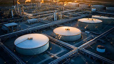 An expansive oil storage terminal with multiple tank farms, detailed pipelines, and cargo tanks, with a focus on the intricate