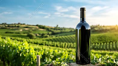 A beautifully designed organic wine bottle placed in front of a picturesque vineyard, showcasing lush green vines and a clear blue
