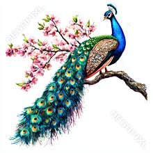 Peacock in plum garden with flower blossoming, transparent PNG clipart illustration