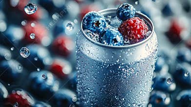 soft-drink can 330ml floating, tilted up slightly, facing camera, little chunks of blue berries in the air scattered too