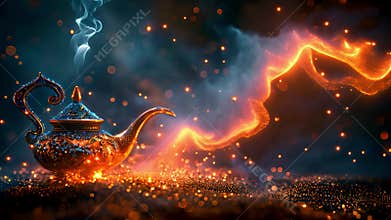 Golden genie lamp Emitting Mystical swirl of shining sparks and smoke on dark blue background