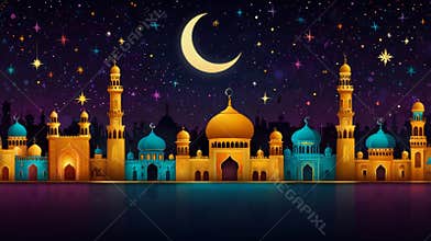 Mosques reflecting in water under crescent moon and starry sky