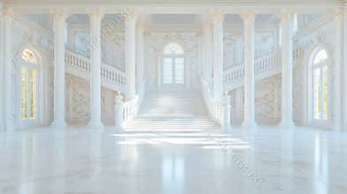 Grand staircase in a sunlit neoclassical palace interior