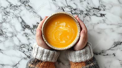 Generative AI Kids hands holding a bowl with pumpkin soup Marble background Top view business concept.