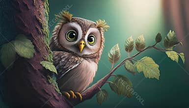 Owl in tree cartoon