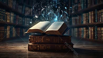 Open book spreading magic in an old library