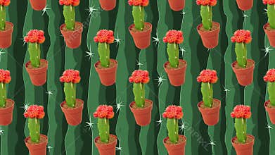 Bright different potted cacti on a green background with decorative patterns