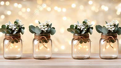 Three mason jars filled with warm fairy lights and eucalyptus, beautifully tied with brown string, sit on a light wooden
