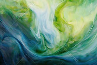 Abstract fluid art with green and blue swirling patterns in motion