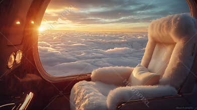 Cozy fur-lined seat by a private jet window, overlooking a stunning cloud-filled sky during sunset. Perfect symbol of