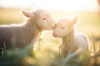 newborn lambs nuzzling in sunny pastures