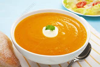 Pumpkin Soup Sweet Potato Carrot Salad Bread Copy Space