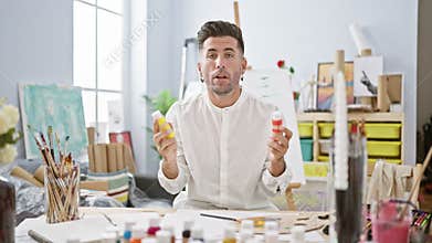 Handsome young hispanic man artist gives heartfelt drawing tutorial in art studio, calling aspiring painters to join his dynamic,