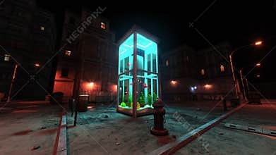Aquarium in a telephone booth in a night industrial city