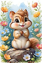 A digital anime art of cute and adorable chipmunk, standing on a stone with nut, surrounded by the flowers, cartoon, painting